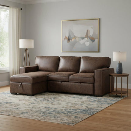 92" Dark Brown Upholstered Sleeper USB Sleeper Sofa Chaise With Toss Pillow