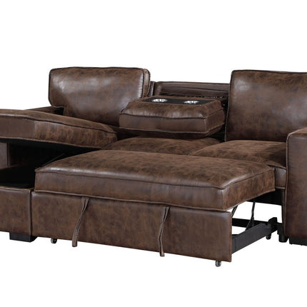 92" Dark Brown Upholstered Sleeper USB Sleeper Sofa Chaise With Toss Pillow