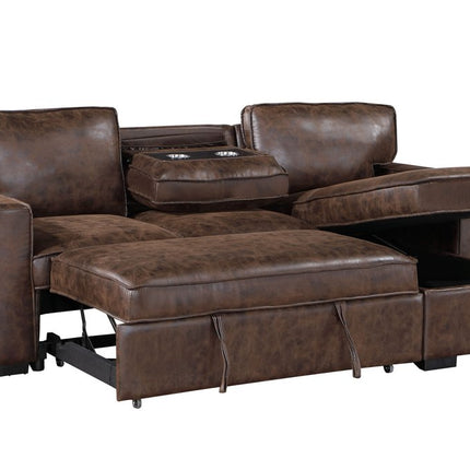 92" Dark Brown Upholstered Sleeper USB Sleeper Sofa Chaise With Toss Pillow
