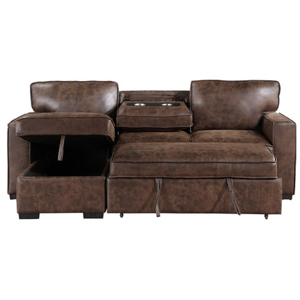 92" Dark Brown Upholstered Sleeper USB Sleeper Sofa Chaise With Toss Pillow