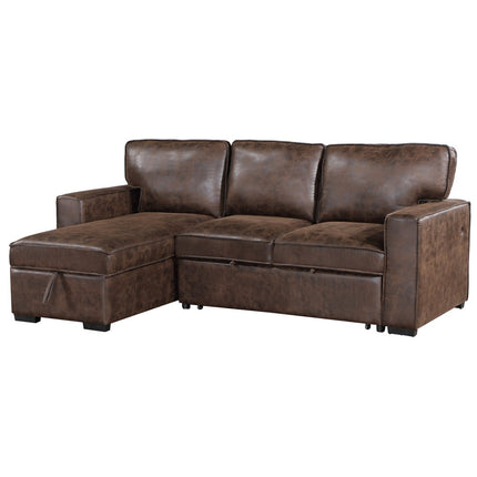 92" Dark Brown Upholstered Sleeper USB Sleeper Sofa Chaise With Toss Pillow