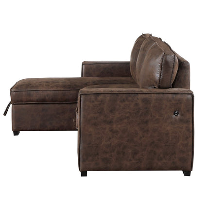 92" Dark Brown Upholstered Sleeper USB Sleeper Sofa Chaise With Toss Pillow