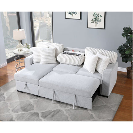 92" Gray And White Fabric Sleeper USB Sleeper Sofa With Toss Pillow