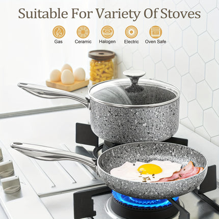 Stone Cookware Set 10 Piece, Ultra Nonstick Pots and Pans Set with Stone-Derived Coating for Kitchen, Granite - 10 Piece
