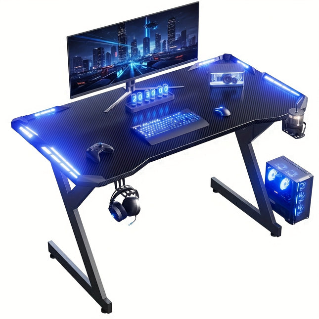 Y-Shaped Gaming Desk with RGB LED Lights Carbon Fiber Surface Computer Table Ergonomic Computer Desk