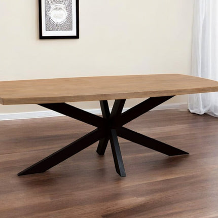 82" Natural And Black Solid Wood And Iron Pedestal Base Dining Table
