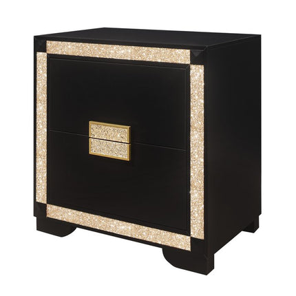 26" Black and Gold Two Drawer Faux Crystal Bling Wood Nightstand