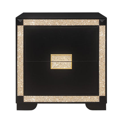 26" Black and Gold Two Drawer Faux Crystal Bling Wood Nightstand