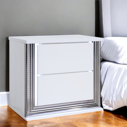 25" White Solid and Manufactured Wood Lighted Two Drawer Nightstand