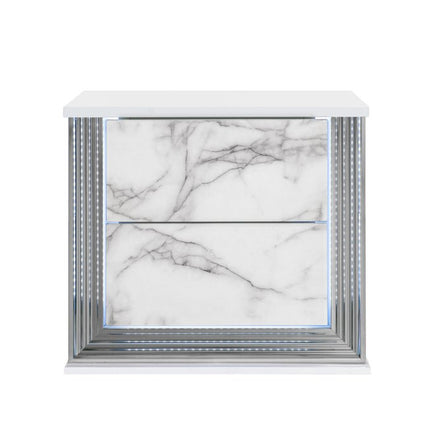 25" White Wood Faux Marble Solid and Manufactured Wood Lighted Two Drawer Nightstand with USB Port