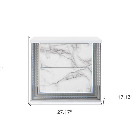 25" White Wood Faux Marble Solid and Manufactured Wood Lighted Two Drawer Nightstand with USB Port