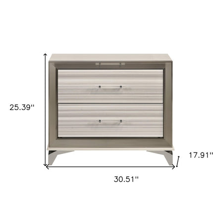 25" Silver And White Wood Lighted Two Drawer Nightstand