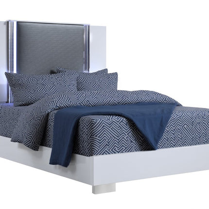 White and Gray Wood And Faux Leather Lighted King Bed Frame