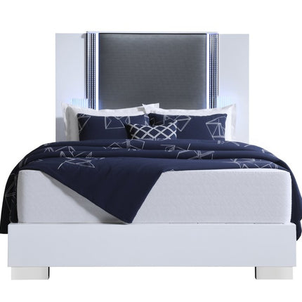 White and Gray Wood And Faux Leather Lighted King Bed Frame