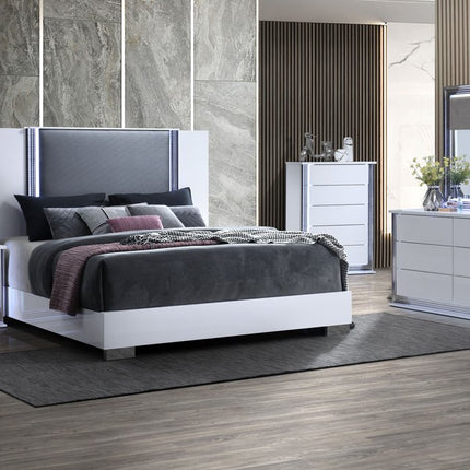White and Gray Wood And Faux Leather Lighted Queen Bed Frame