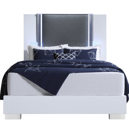 White and Gray Wood And Faux Leather Lighted Queen Bed Frame