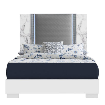 White and Gray Wood And Faux Leather Lighted King Bed Frame