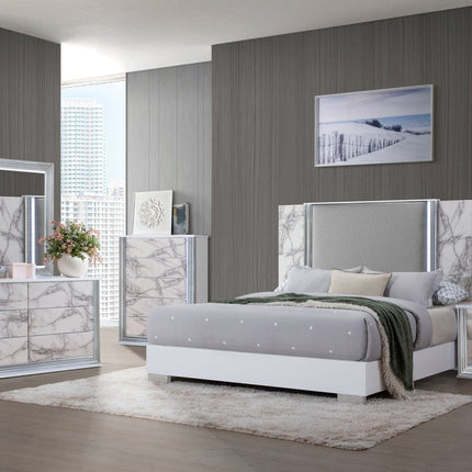 White and Gray Faux Marble And Upholstery Lighted Queen Bed Frame