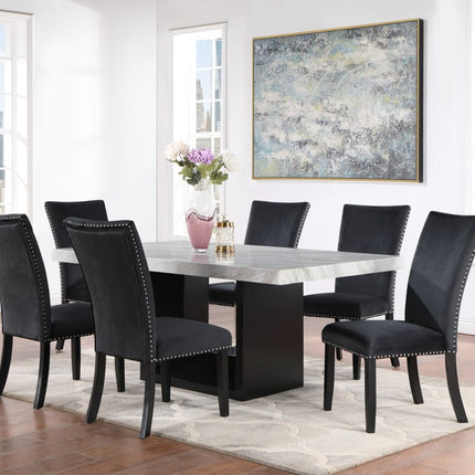 70" White and Black Faux Marble and Wood Pedestal Base Dining Table