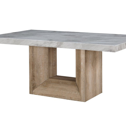 70" White and Natural Faux Marble and Wood Pedestal Base Dining Table