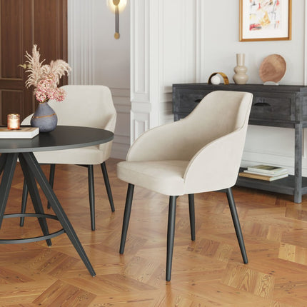 Set of Two Ivory and Black Velvet Dining Arm Chairs
