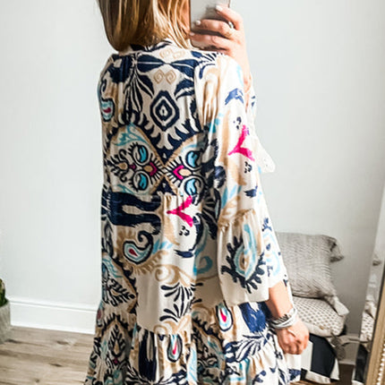 White Printed Tribal Bracelet Sleeve Buttoned Mini Dress