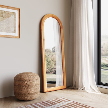 66" Natural Solid Wood Arch Framed Full Length Mirror