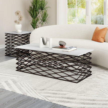 50" White and Antiqued Bronze Genuine Marble and Aluminum Abstract Coffee Table