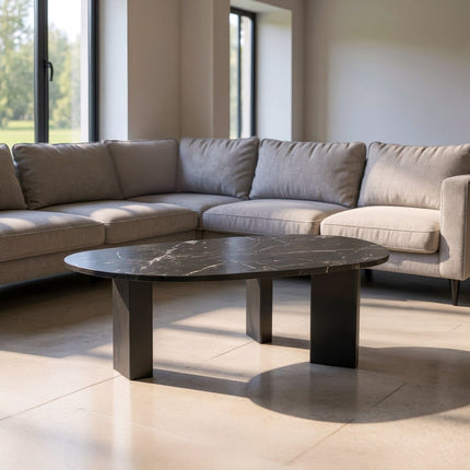 54" Black Genuine Marble and Wood Free Form Coffee Table