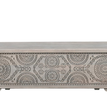 54" Gray Carved Geo Scroll Solid Wood Storage Ottoman