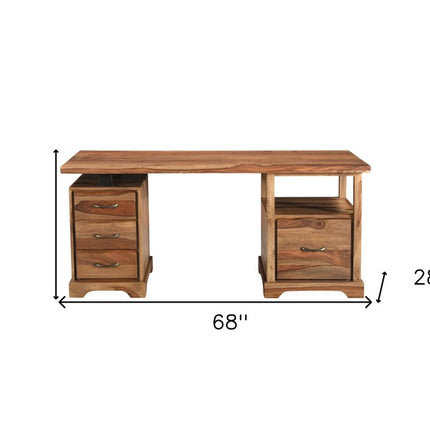68" Brown Live Edge Solid Wood Writing Desk With Four Drawers