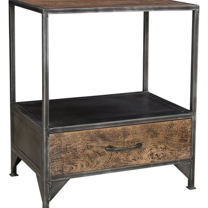 28" Brown And Dark Gray Steel and Solid Wood Distressed One Drawer Nightstand