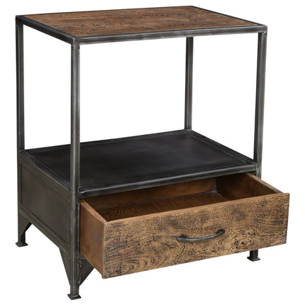 28" Brown And Dark Gray Steel and Solid Wood Distressed One Drawer Nightstand