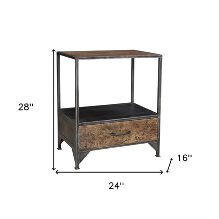 28" Brown And Dark Gray Steel and Solid Wood Distressed One Drawer Nightstand