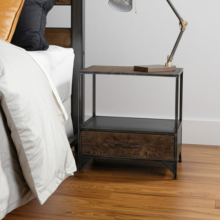 28" Brown And Dark Gray Steel and Solid Wood Distressed One Drawer Nightstand