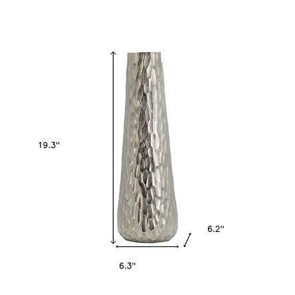 19" Silver Cast Aluminum Carved Geometric Table Vase