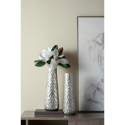 19" Silver Cast Aluminum Carved Geometric Table Vase