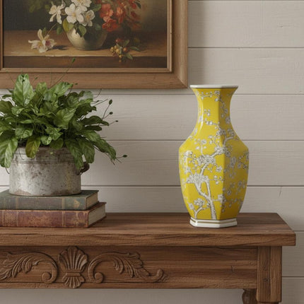 14" Yellow And White Chinoiserie Floral Porcelain Table Vase