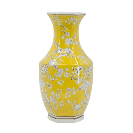 14" Yellow And White Chinoiserie Floral Porcelain Table Vase