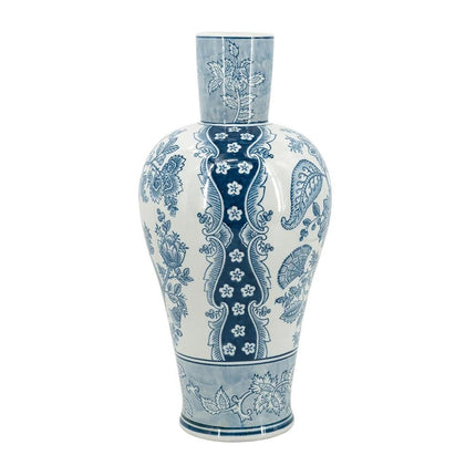17" Light Blue And White Floral Round Porcelain Table Vase