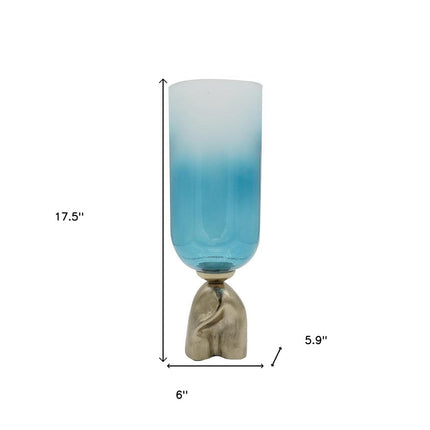 18" Blue White And Gold Ombre Glass And Aluminum Pedestal Table Vase