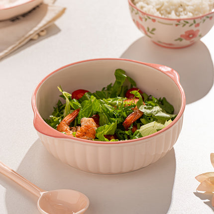 8pcs French Country Ceramic Dinnerware Set with Red Glaze & Peach Blossom Pattern Round Plates,