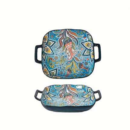 Set of Four Bohemian Square Plates with Double Handles! These Ceramic Serving Dishes Are