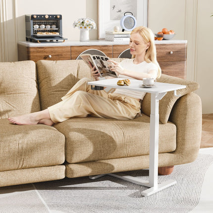 Adjustable Bedside Table Office Table, Pneumatic Computer Workstation With 4-Wheel Rolling