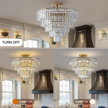 Gold Ten Light Metal Semi-Flush Chandelier With Gold Shades