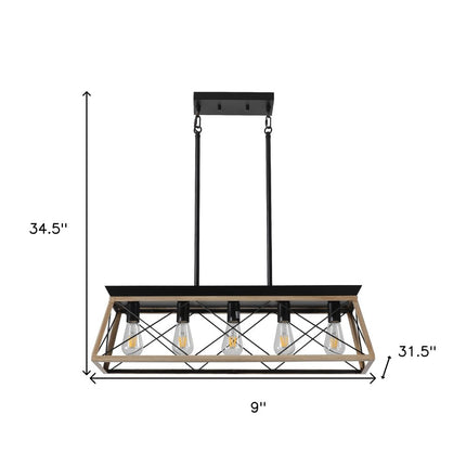 Oak Five Light Metal Chandelier With Oak Shades