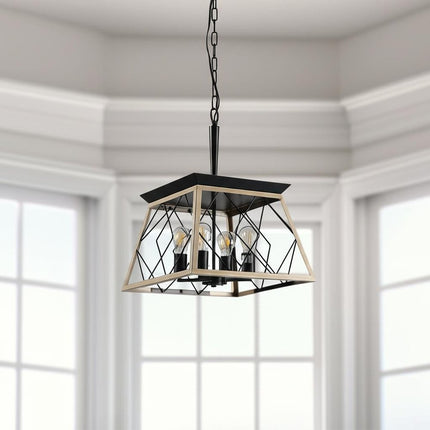 Oak Four Light Metal Chandelier With Oak Shades