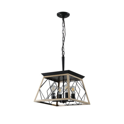 Oak Four Light Metal Chandelier With Oak Shades