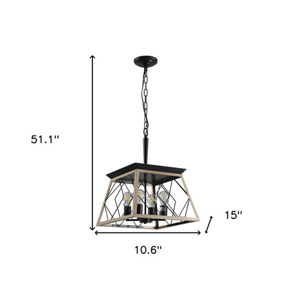 Oak Four Light Metal Chandelier With Oak Shades