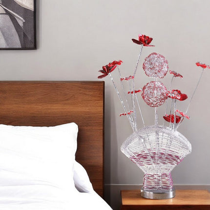 22" Silver and Clear Metal and Acrylic Red Rose Bedside Lamp